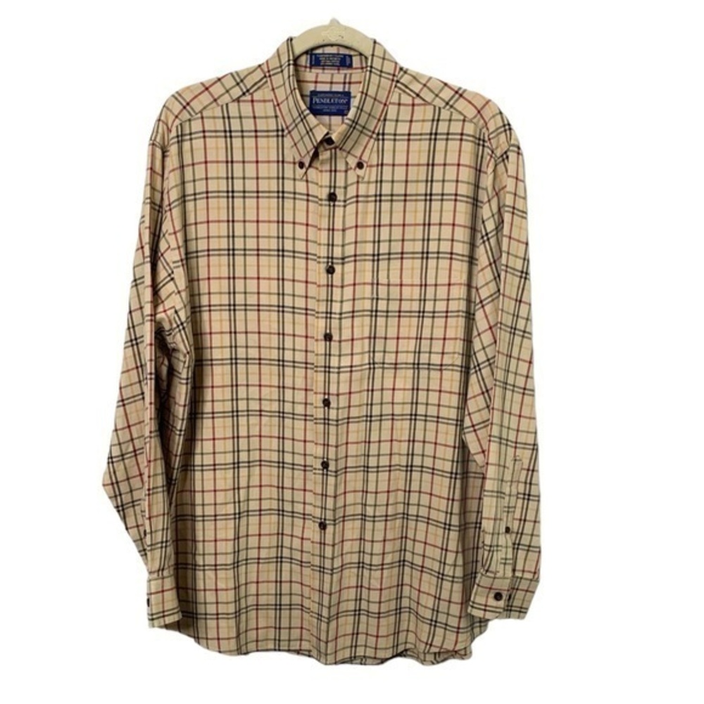 Pendleton Plaid Button Down Wool‎ Blend, Tan Red … - image 1